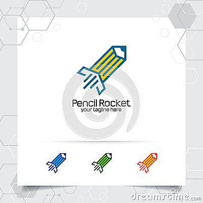 Rocket logo design with pencil concept and rocket icon. Pencil rocket vector used for graphic studio, writer and professional Vector Illustration