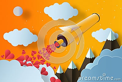 Rocket with a lot of hearts Mountains and clouds. Love concept Stock Photo