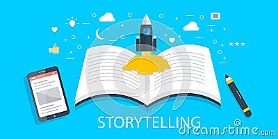 Storytelling - brand story - creative content development - new idea - content writing concept. Flat design banner. Vector Illustration