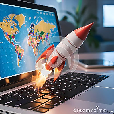 Rocket model on laptop keyboard, screen displaying world map, indoor environment Stock Photo