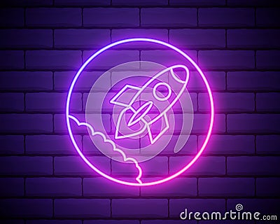 Rocket neon icon. Elements of toys set. Simple icon for websites, web design, mobile app, info graphics on brick wall Vector Illustration