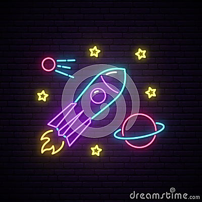 Rocket neon sign. Bright signboard with rocket, planet and stars. Vector Illustration