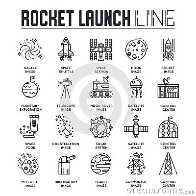 Rocket outline icons collection set. Industry linear symbol pack. Modern template of thin line icons, logo, symbols Vector Illustration