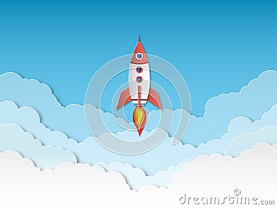 Rocket paper cut. Rockets launch with clouds, successful business start up. Taking off spaceship 3d cartoon origami Vector Illustration