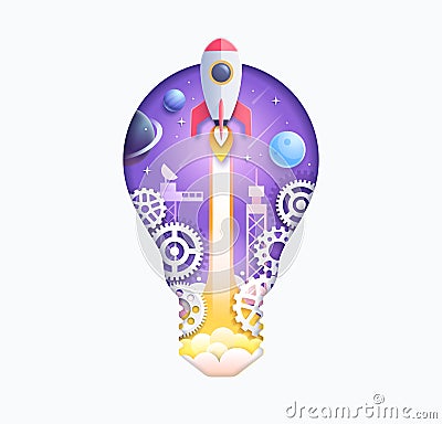 Space galaxy with cartoon rocket leaving white trail inside paper cut light bulb shap Vector Illustration
