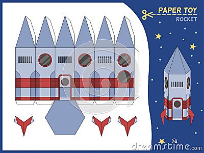 Rocket paper cut toy. Missile 3d paper model, create toys spaceship kids educational game. Preschool children gaming Vector Illustration