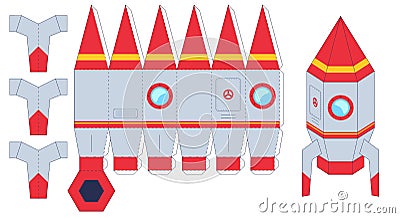Rocket paper cut toy. Worksheet with missile. Cut and glue the paper spaceship, create toys yourself, kids handmade Vector Illustration