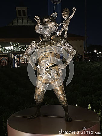 Rocket Raccoon and Groot Disney World 50th Anniversary Statue inside Epcot in Orlando, Florida Editorial Stock Photo