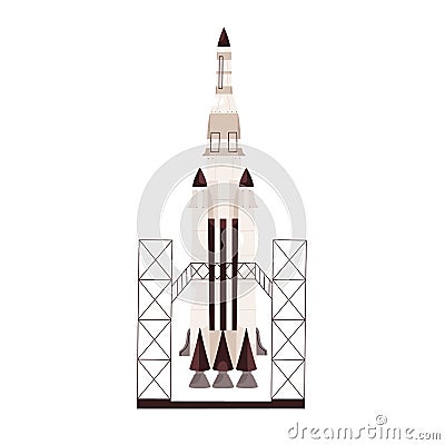 Rocket ready to launch, standing at station. Rocketship before takeoff. Colored flat vector illustration of space Cartoon Illustration