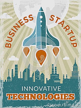 Rocket retro poster. Business startup concept with shuttle or spaceship vintage creative space 40s vector placard Vector Illustration