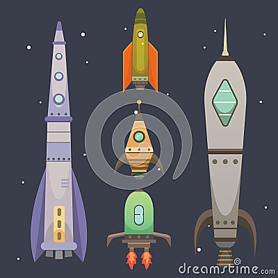 Rocket ship in cartoon style. New Businesses Innovation Development Flat Design Icons Template. Space ships Vector Illustration