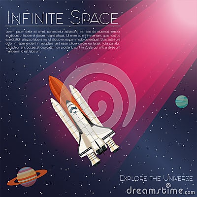 The rocket ship flying in the space. Spaceship background. Projects template for business. Vector Illustration