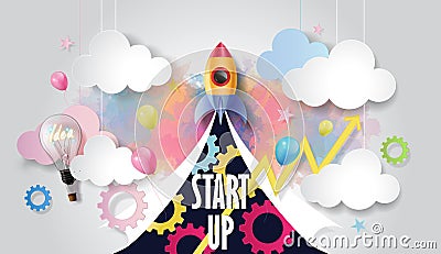 Rocket ship launch among light bulb, balloon, graph and business elements on watercolor background, Business startup concept, pape Vector Illustration
