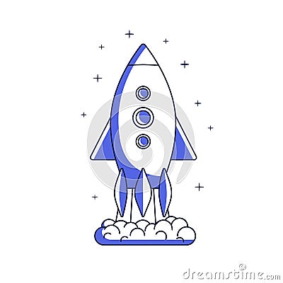 Rocket ship launching to cosmos. Aerospace shuttle travel, expedition. Future rocketship, spaceship flight. Space Vector Illustration