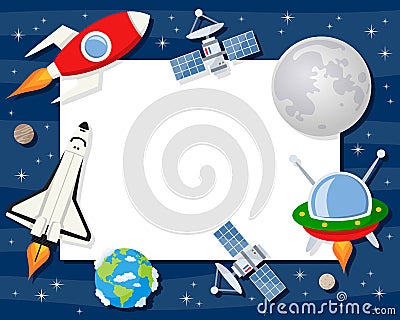 Rocket Shuttle Satellites Horizontal Frame Vector Illustration