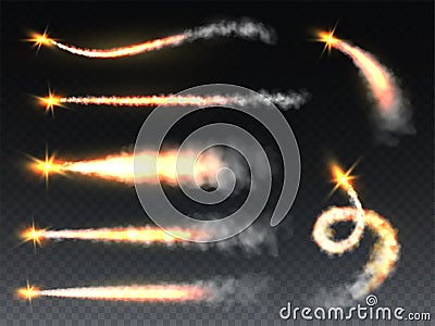 Rocket smoke. Trailing fume with flame jets, fiery foggy trails jet airplane. Missile, shuttle or spaceship contrails Vector Illustration