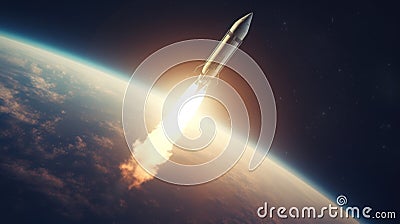 A rocket soars from Earth into space, science concept. Generative AI Stock Photo