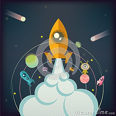 The rocket soars into space on the background of planets, stars, flying saucers. Vector Illustration