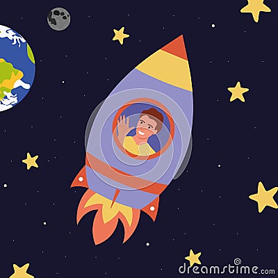 A rocket in space with an astronaut flies near the Earth and the Moon Vector Illustration