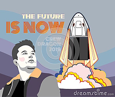 Rocket, space craft vector. 2019 March, 2 rocket launching. Vector poster spaceship, Elon Musk, flame, steam pink blue background Vector Illustration