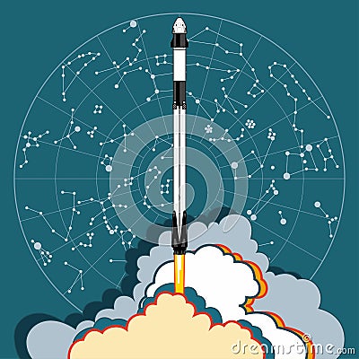 Rocket, space craft vector. 2019 March, 2 rocket launching. Vector poster spaceship, star map. flame, steam on blue background. Vector Illustration