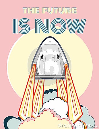 Rocket, space craft vector. 2019 March, 2 rocket launching. Vector poster spaceship, sun, flame, steam on pink yellow background. Vector Illustration