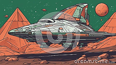 rocket in space _A rusty brown spaceship with red stripes and a triangular shape. The spaceship is flying Stock Photo