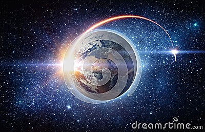 Rocket space ship launching from planet Earth and flying into outer space. Space exploration background. Elements of this image f Stock Photo