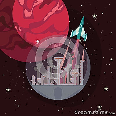 rocket spaceship galaxy stars Cartoon Illustration