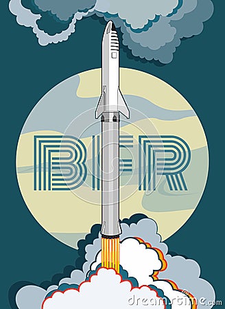 Rocket spaceship launching vector retro style illustration. Vector cartoon spaceship isolated and full Moon for web, postcard Vector Illustration