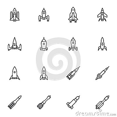 Rocket and spaceship line icons set Vector Illustration