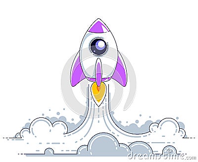 Rocket start to space to discover undiscovered galaxies. Explore universe, interesting space science. Thin line 3d vector Vector Illustration