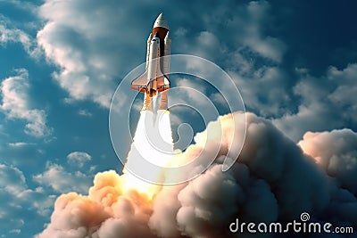 The rocket takes off in the blue sky. AI generative Stock Photo