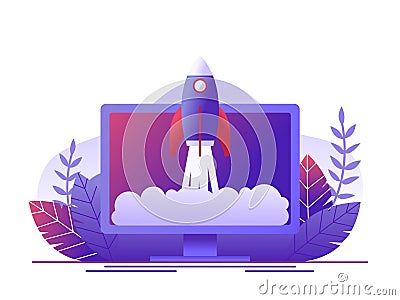 Rocket takes off in the computer. Concept of new business project start-up development, launch a new innovation product on a Cartoon Illustration