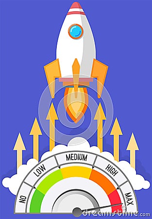 Rocket takes off into sky at high jet speed. Vector spaceship and speedometer flat design Vector Illustration