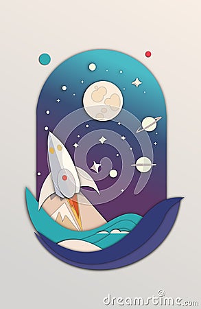 The rocket takes off into space. imitation of a paper cut. . for the Cosmonautics Day. vector illustration Vector Illustration