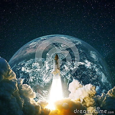 Rocket takes off. Spacecraft flies near the planet earth and the starry sky. Stock Photo