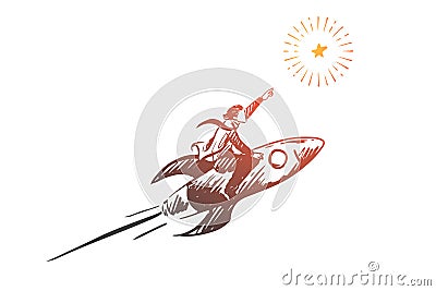 Rocket, target, business, start, success concept. Hand drawn isolated vector. Cartoon Illustration