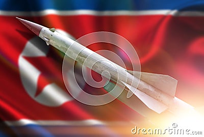 The rocket to launch. The flag of North Korea. Stock Photo