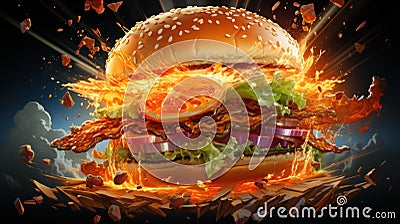 Rocketing flavor: fly burger blast. Created with Generative AI Stock Photo