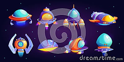 Rockets and flying saucers, aliens spacecrafts set Vector Illustration