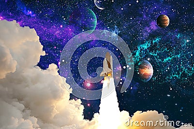 Rockets launch into space on the starry sky. Rocket starts into space concept.Elements of this image furnished by NASA Stock Photo