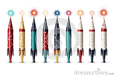 Rockets for launching fireworks on a white background. A set of pyrotechnic rockets Stock Photo