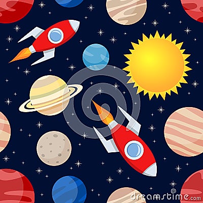 Rockets & Planets Seamless Pattern Vector Illustration