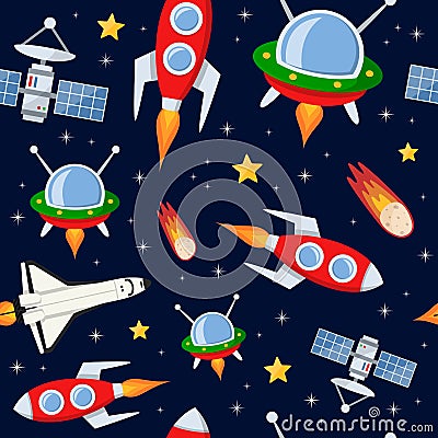 Rockets Satellites Stars Seamless Pattern Vector Illustration