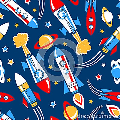 Rockets in space seamless pattern Vector Illustration