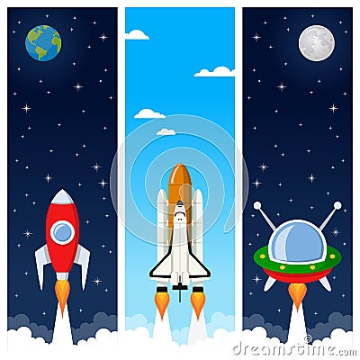 Rockets & Space Shuttle Vertical Banners Vector Illustration