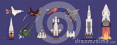 Rockets and spaceships vector set. Spacecraft, planetary exploration and travelling. Cosmic transport. Vehicles Vector Illustration