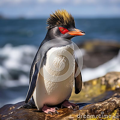 Rockhopper Penguin on the rock Made With Generative AI illustration Cartoon Illustration