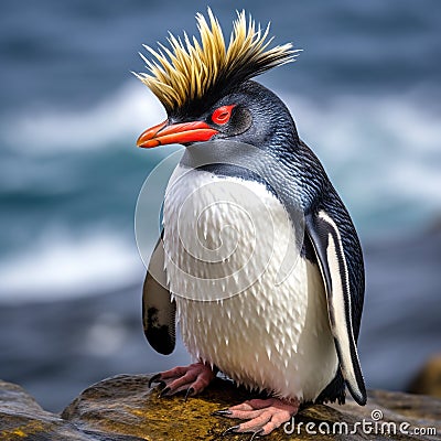 Rockhopper Penguin on the rock Made With Generative AI illustration Cartoon Illustration